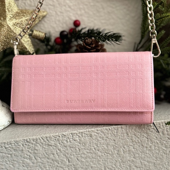 BURBERRY bi-fold wallet embossed leather pink check pattern long L-shaped zipper - Picture 3 of 17